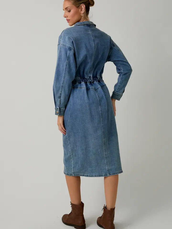 Button Down Utility Denim Midi Dress