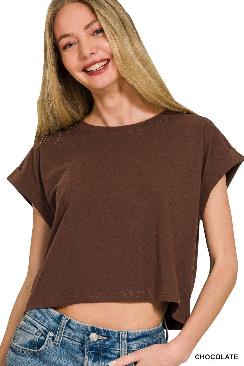 cotton folded sleeve top - chocolate