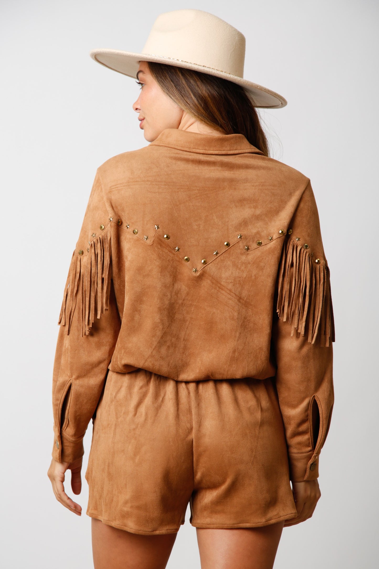 Studded Fringe Suede Romper - Camel