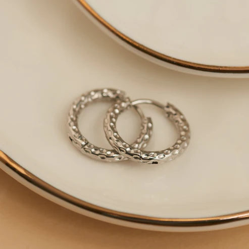 Waterproof Jewelry - Hammered Huggie Hoops - Silver