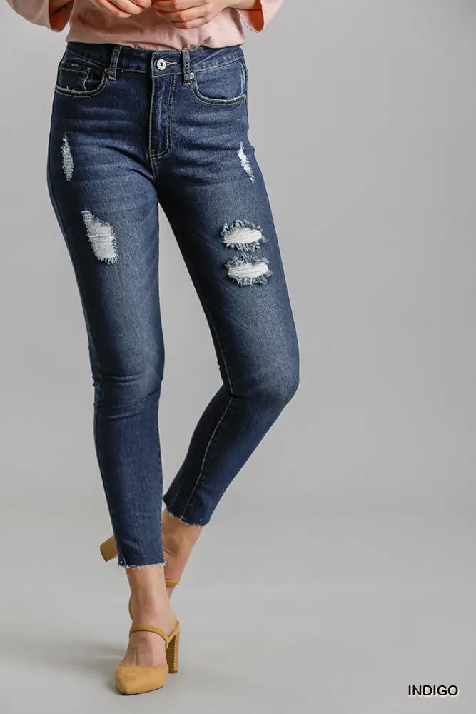 Distressed Detail Skinny Jeans - Indigo