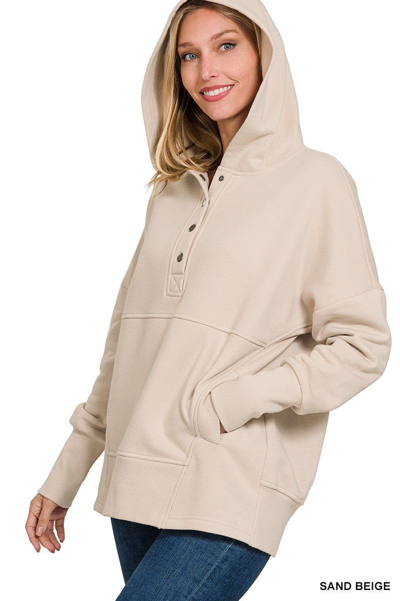 HALF BUTTON FLEECE HOODED PULLOVER