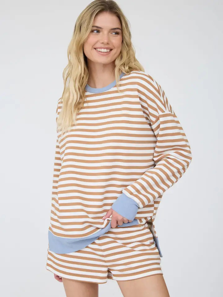 Striped Boxy Long Sleeve Knit Top - Khaki Multi