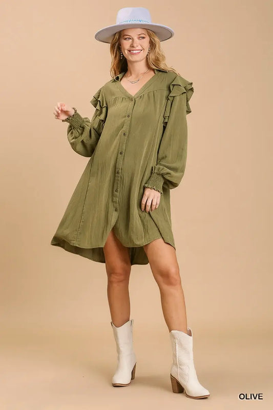 Olive Ruffle Sleeve Dress
