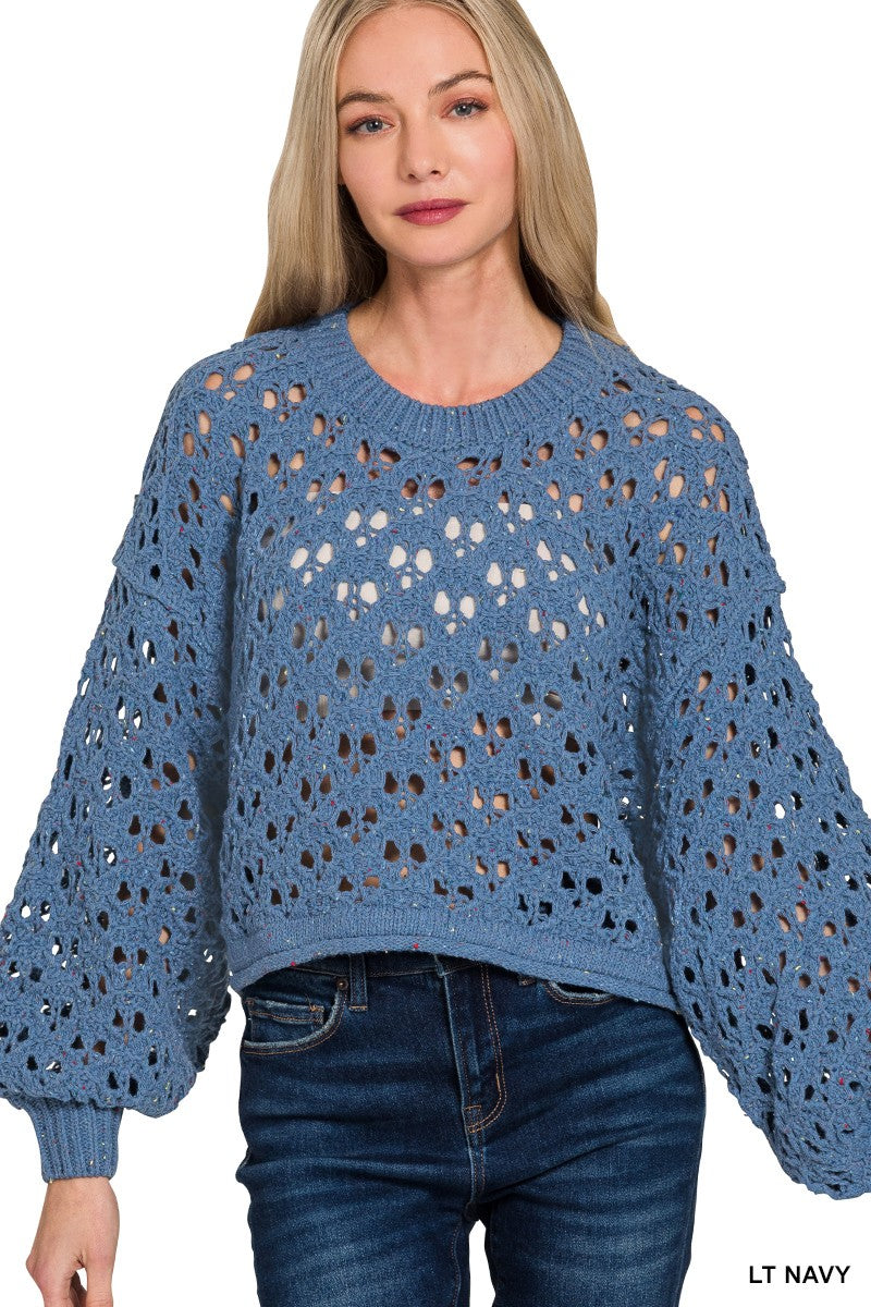 Cropped Crochet Knit Sweater - Light Navy