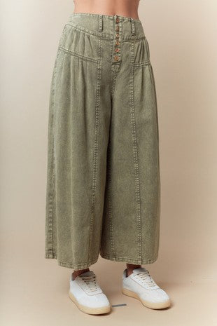 Pleated Wide Leg Pants - Olive