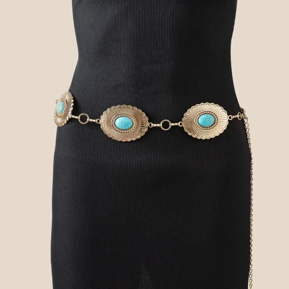 Oval Turquoise Stone Concho Belt - Gold