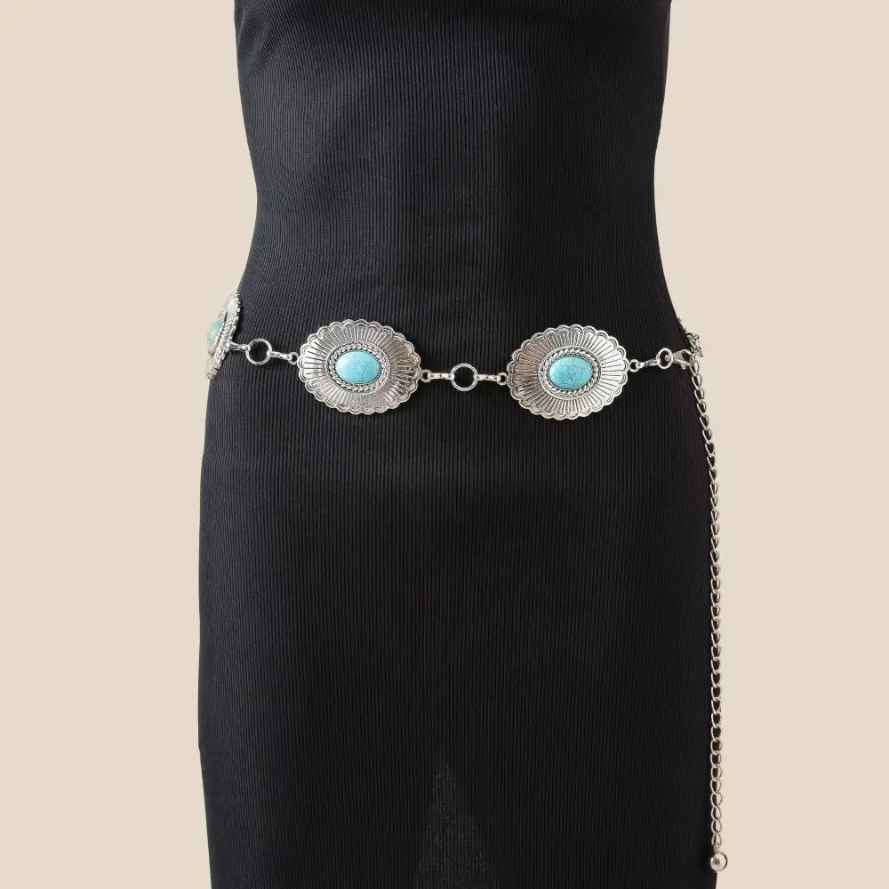 Oval Turquoise Stone Concho Belt - Silver