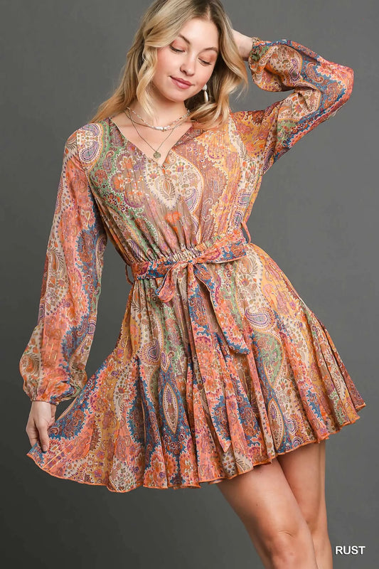 Metallic Paisley Belted Dress