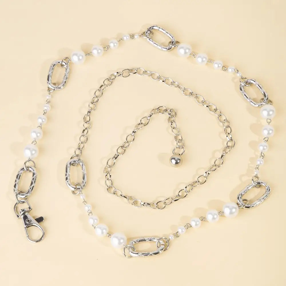 Pearl Beads and Oval Link Chain Belt - Silver