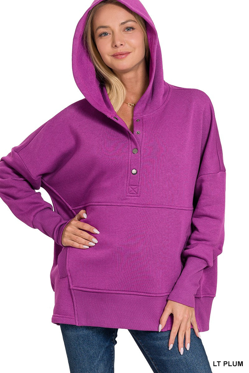 HALF BUTTON FLEECE HOODED PULLOVER