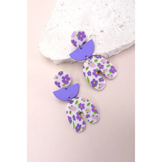 Flower Drop Arch Earrings - Purple