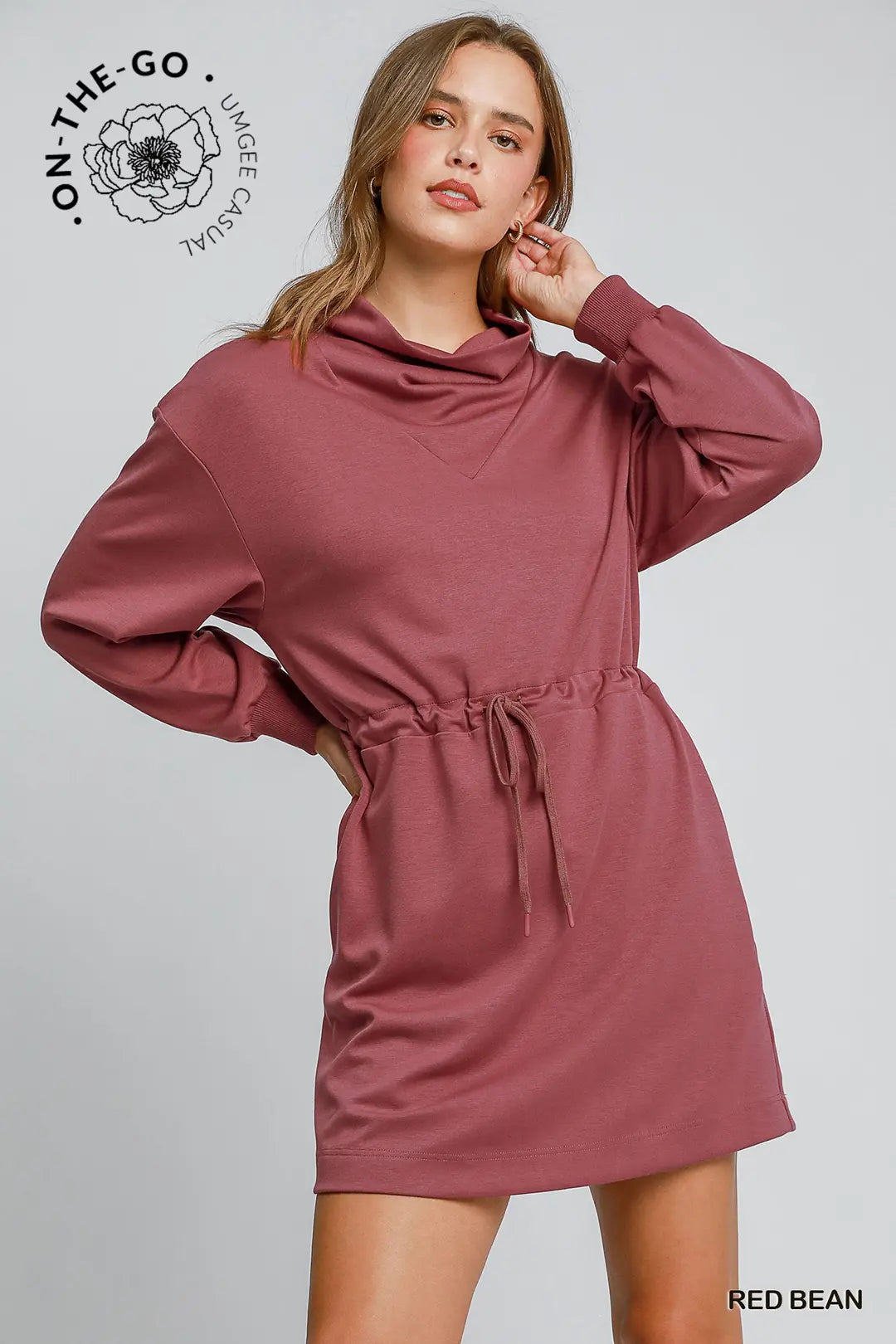 Luxe Cowl Neck Sweat Dress - Red Bean