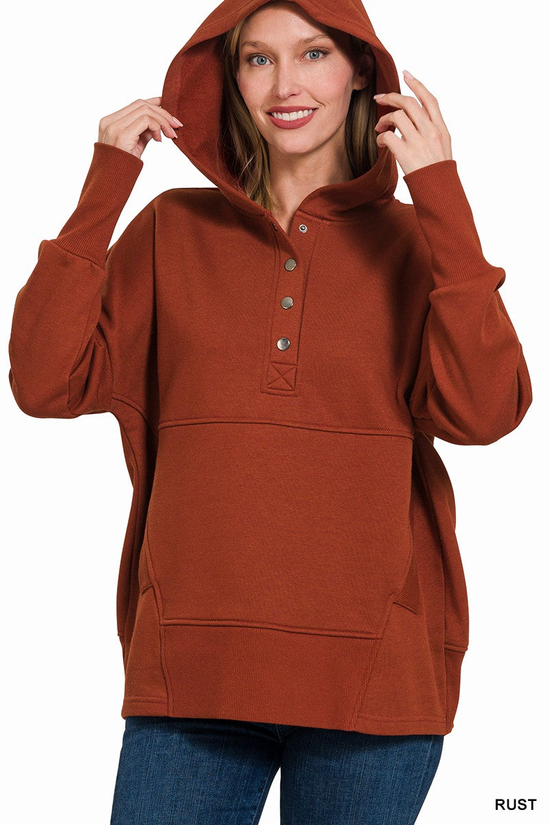 HALF BUTTON FLEECE HOODED PULLOVER