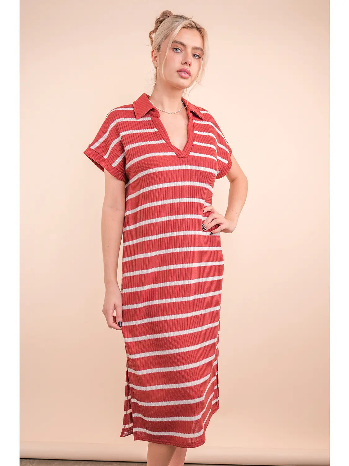 Oversized Striped Collar Midi Dress