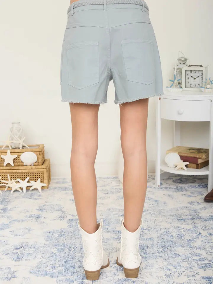 Distressed Hem Braid Drawstring Shorts
