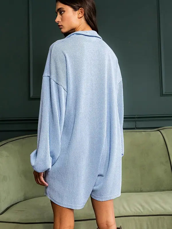 Oversized Collared Knit Romper - Sky Blue