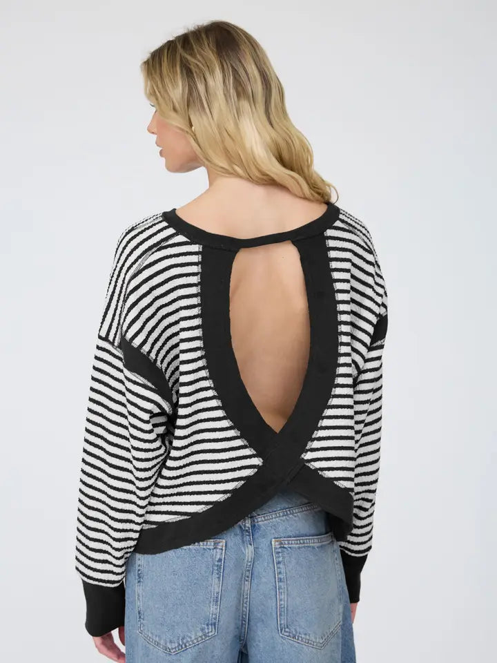 Striped Cut Out Back Top - Black