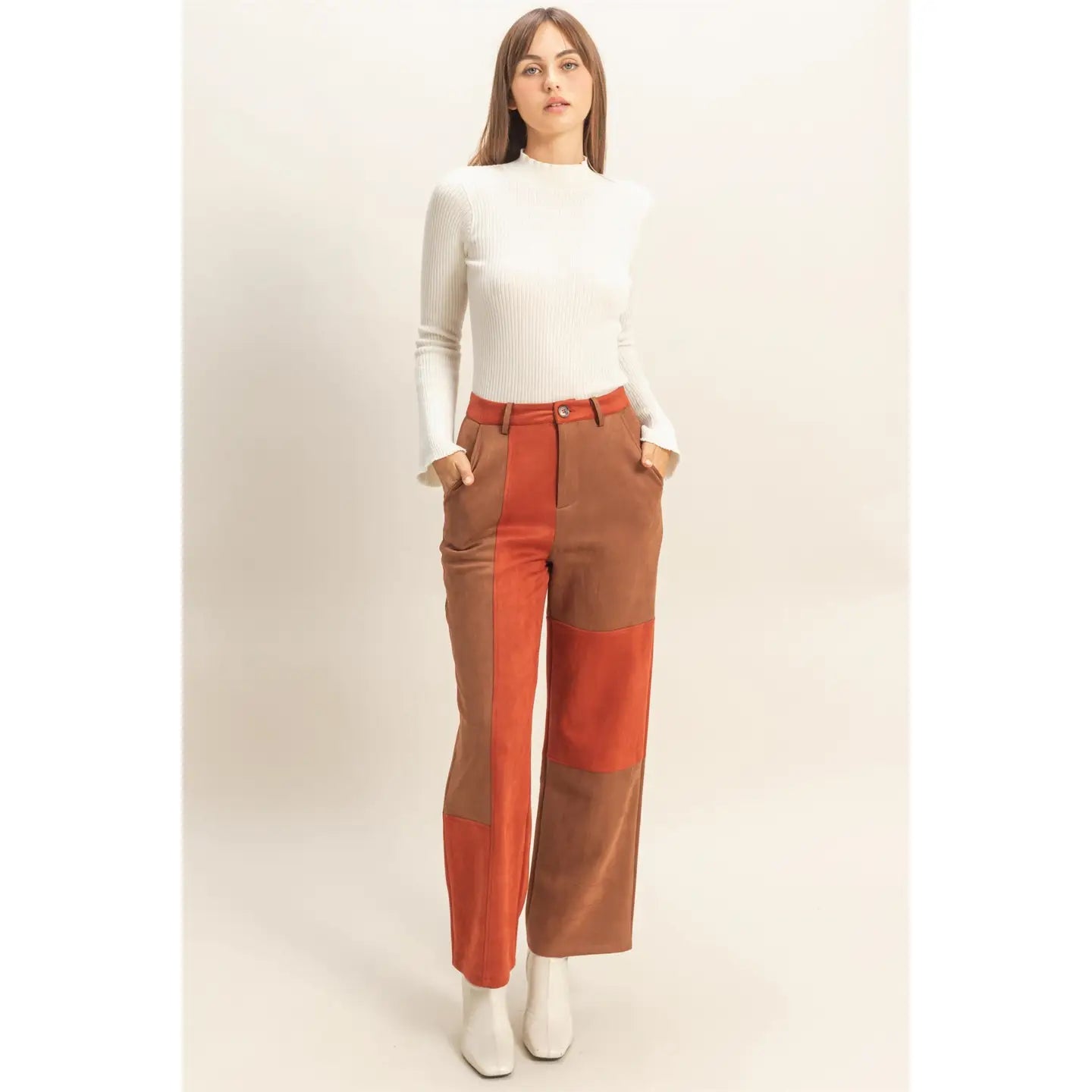 Faux Suede Color Block Pants
