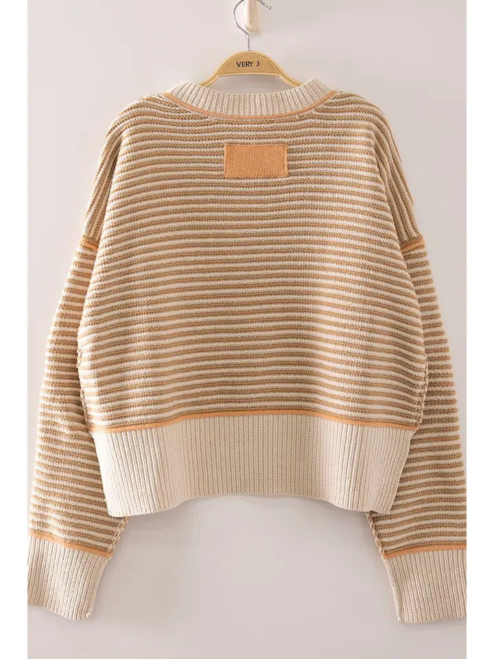 contrast trim stripe knit sweater - taupe