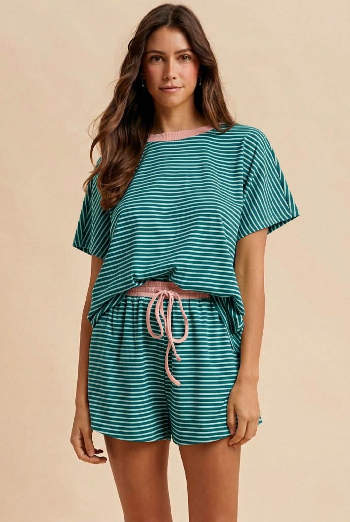 TRINITY STRIPED TOP - TEAL/BLUSH