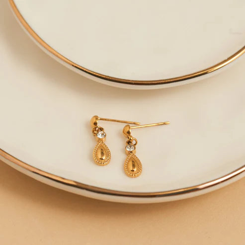 Waterproof Jewelry - Teardrop Dangle Stud Earrings - Gold