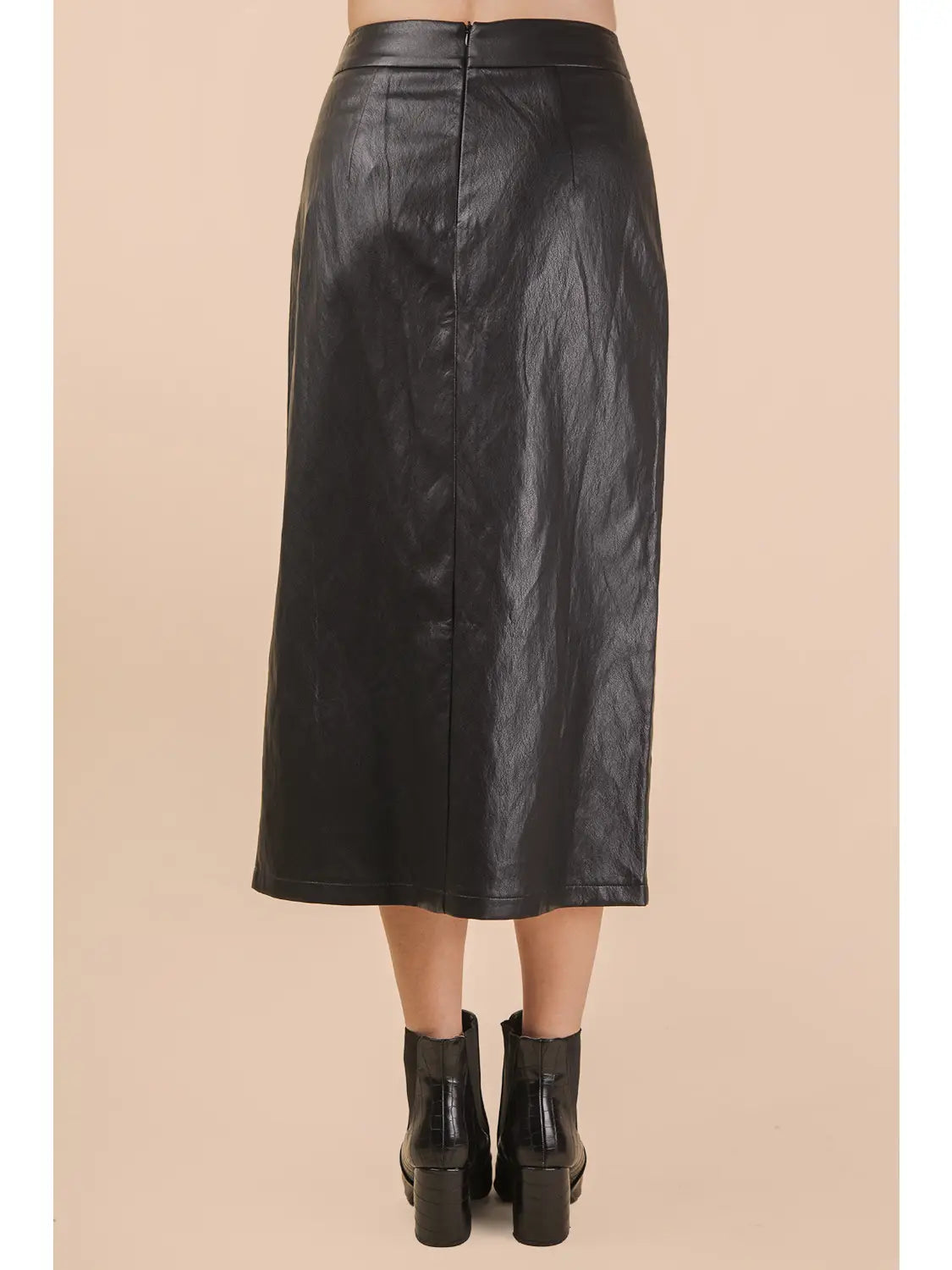 Front Slit Vegan Leather Skirt