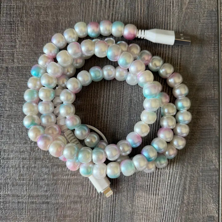 mermaid beaded phone charger - white/blue