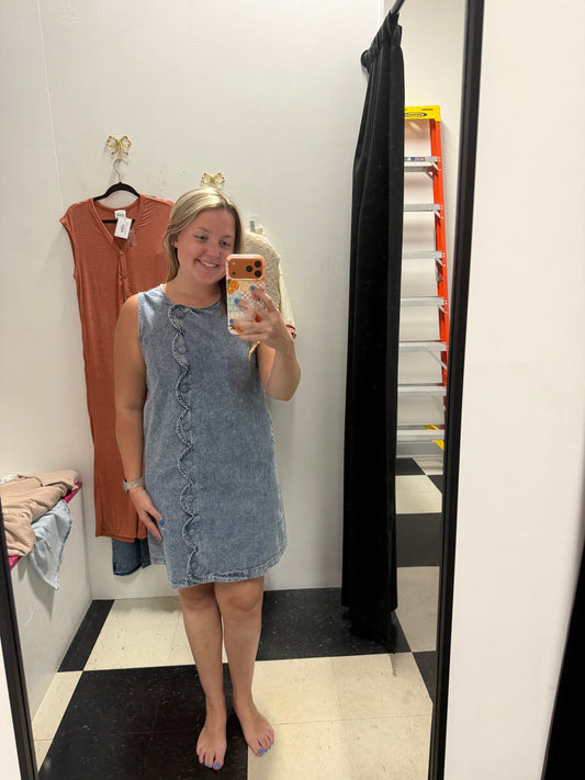 SCALLOP WASHED DENIM MINI DRESS