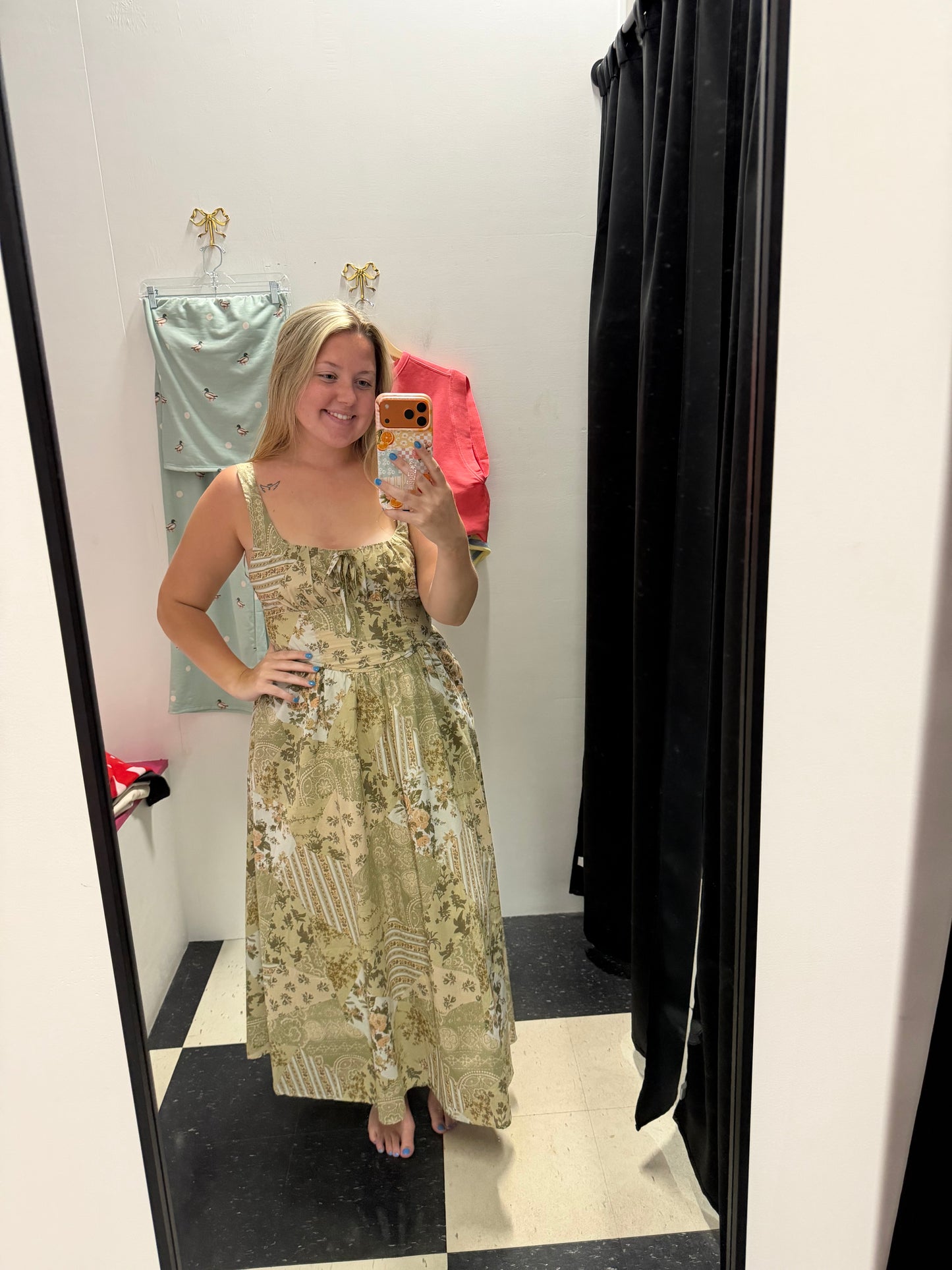 Multi Pattern Corset Midi Dress - Olive