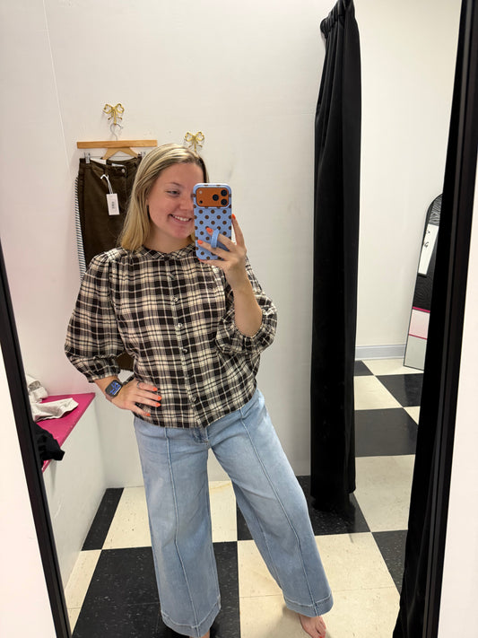 PLAID ROUND NECK TOP - BLACK