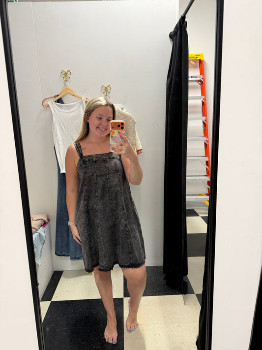 WASHED DENIM MIDI DRESS - GRAY