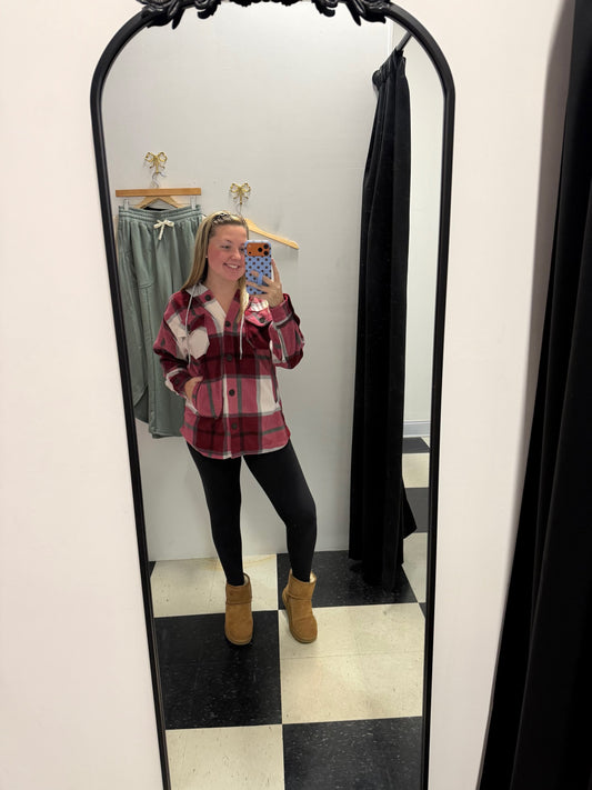 PLAID DRAWSTRING HOODED SHACKET