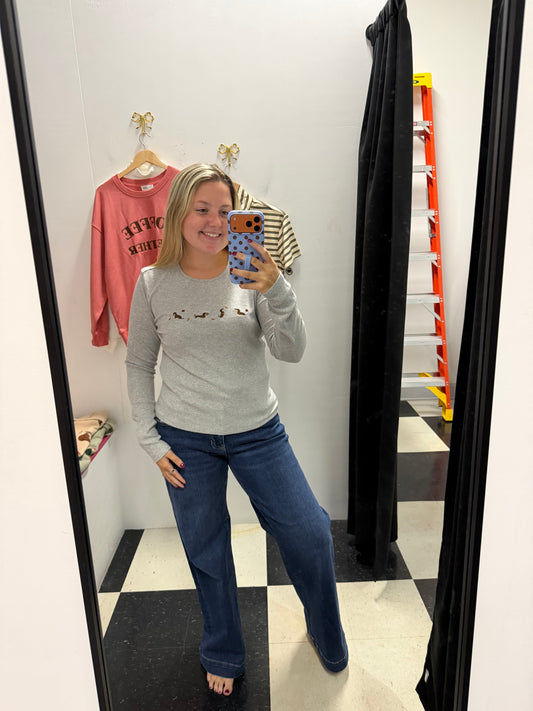FALL DOG EMBROIDERED LONG SLEEVE TOP - FINAL SALE
