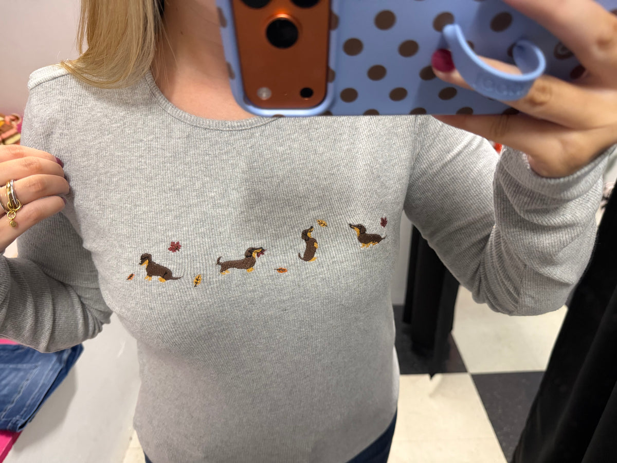 FALL DOG EMBROIDERED LONG SLEEVE TOP - FINAL SALE