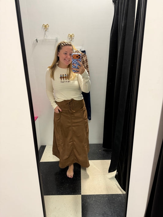 Lace Up Corset Waist Suede Midi Skirt