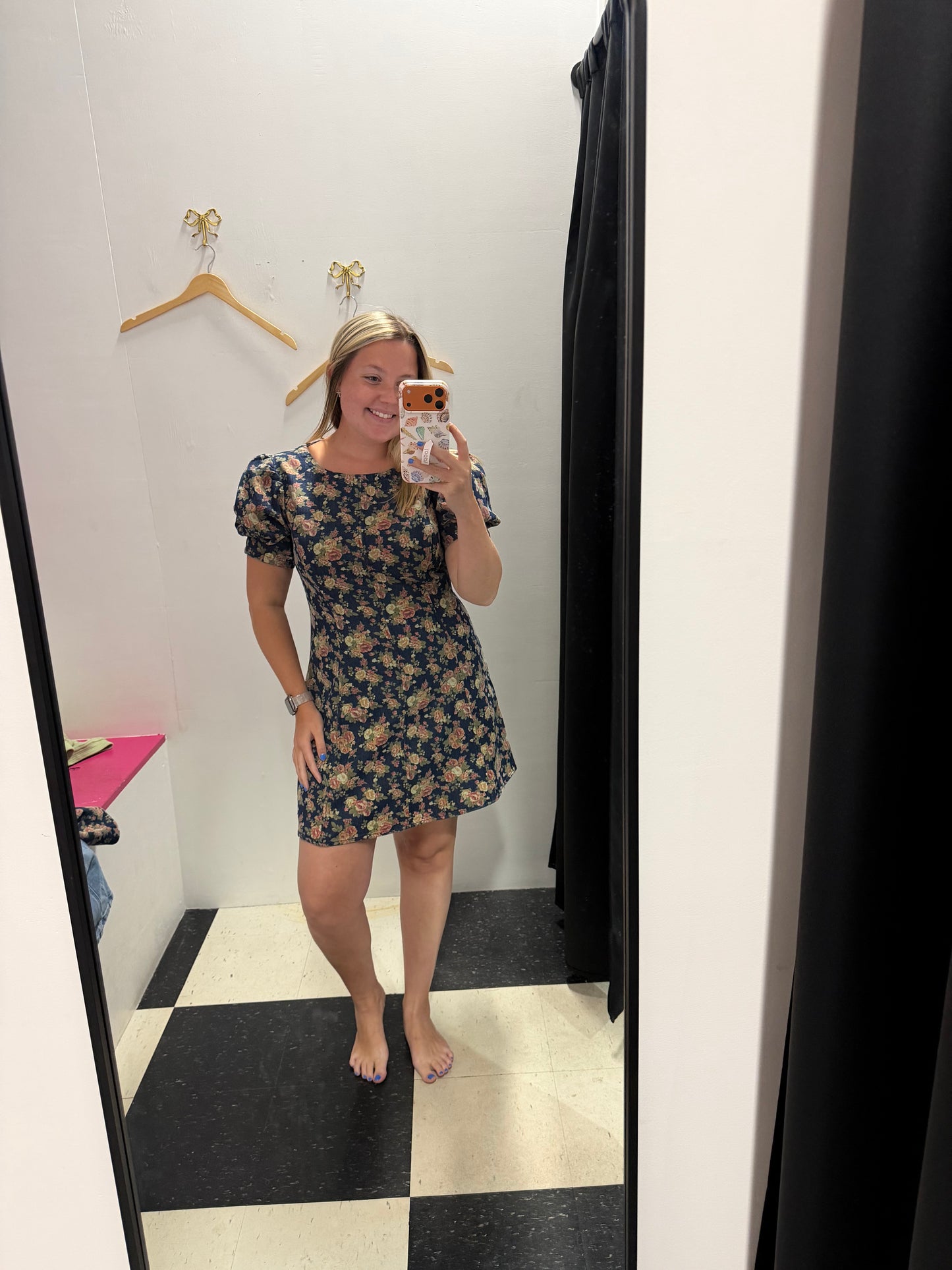 Floral Puff Sleeve Denim Dress