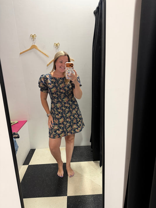 Floral Puff Sleeve Denim Dress