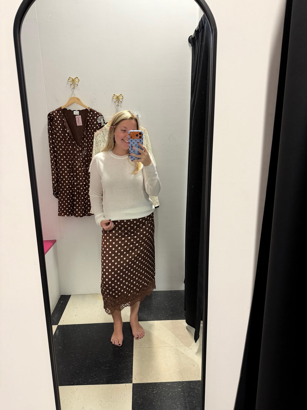 POLKA DOT LACE TRIM SATIN MIDI SKIRT