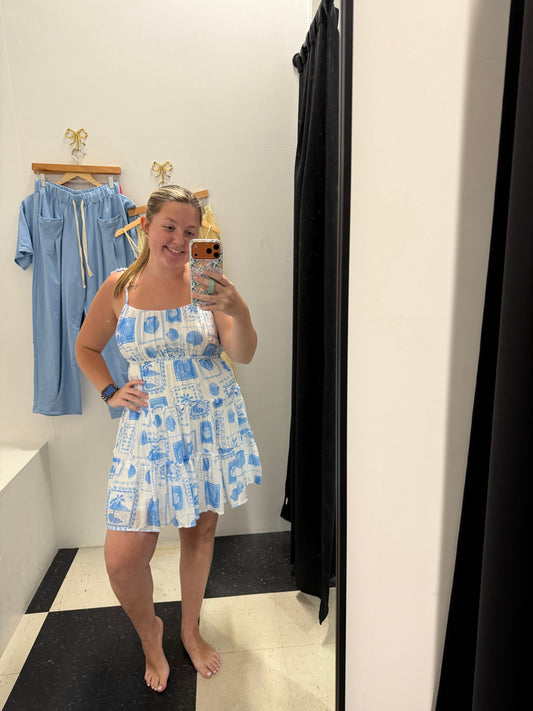 Marine Print Bow Tie Mini Dress
