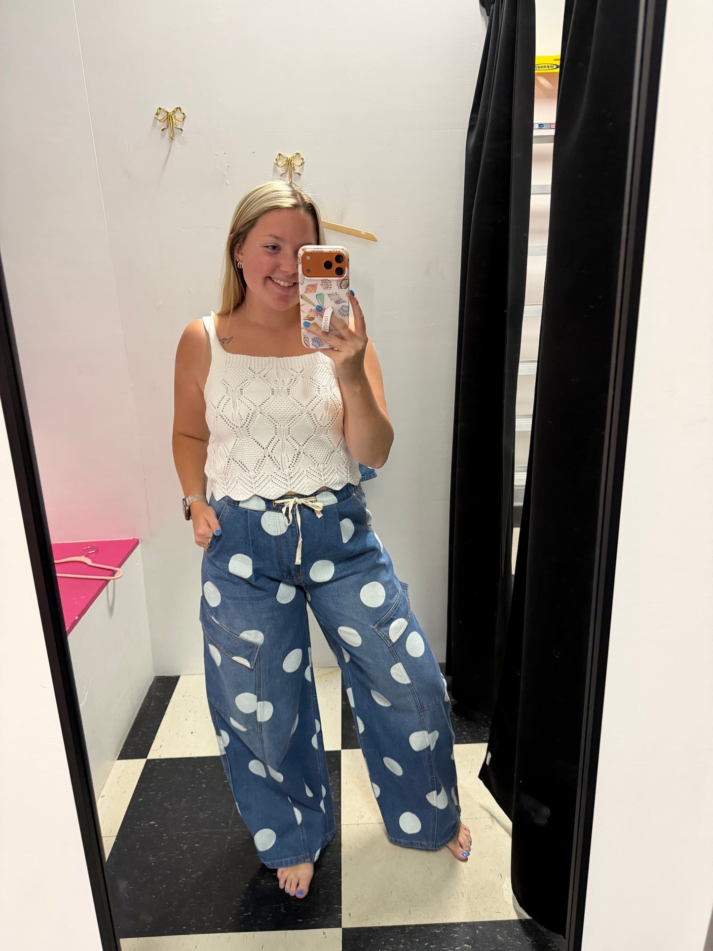 Washed Polka Dot Cargo Barrel Pants