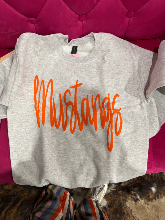 CURSIVE PUFF MASCOT CREWNECK - MUSTANGS