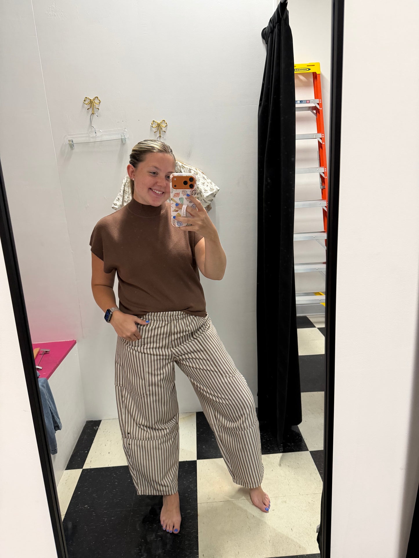 STRIPED POCKET DETAIL WIDE LEG PANTS - BROWN