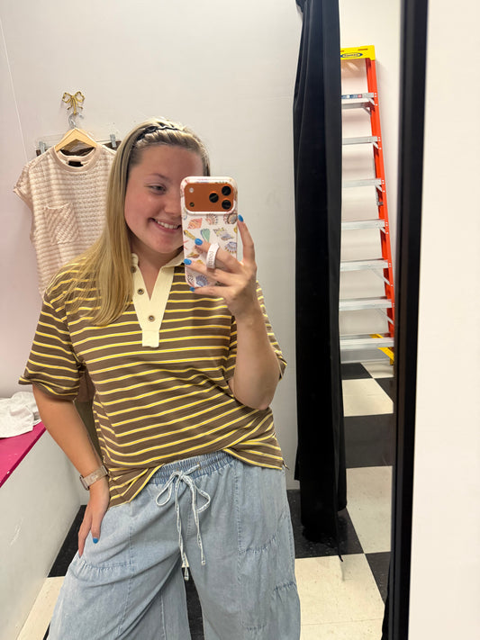 Varsity Team Collared Top - Mocha/Yellow