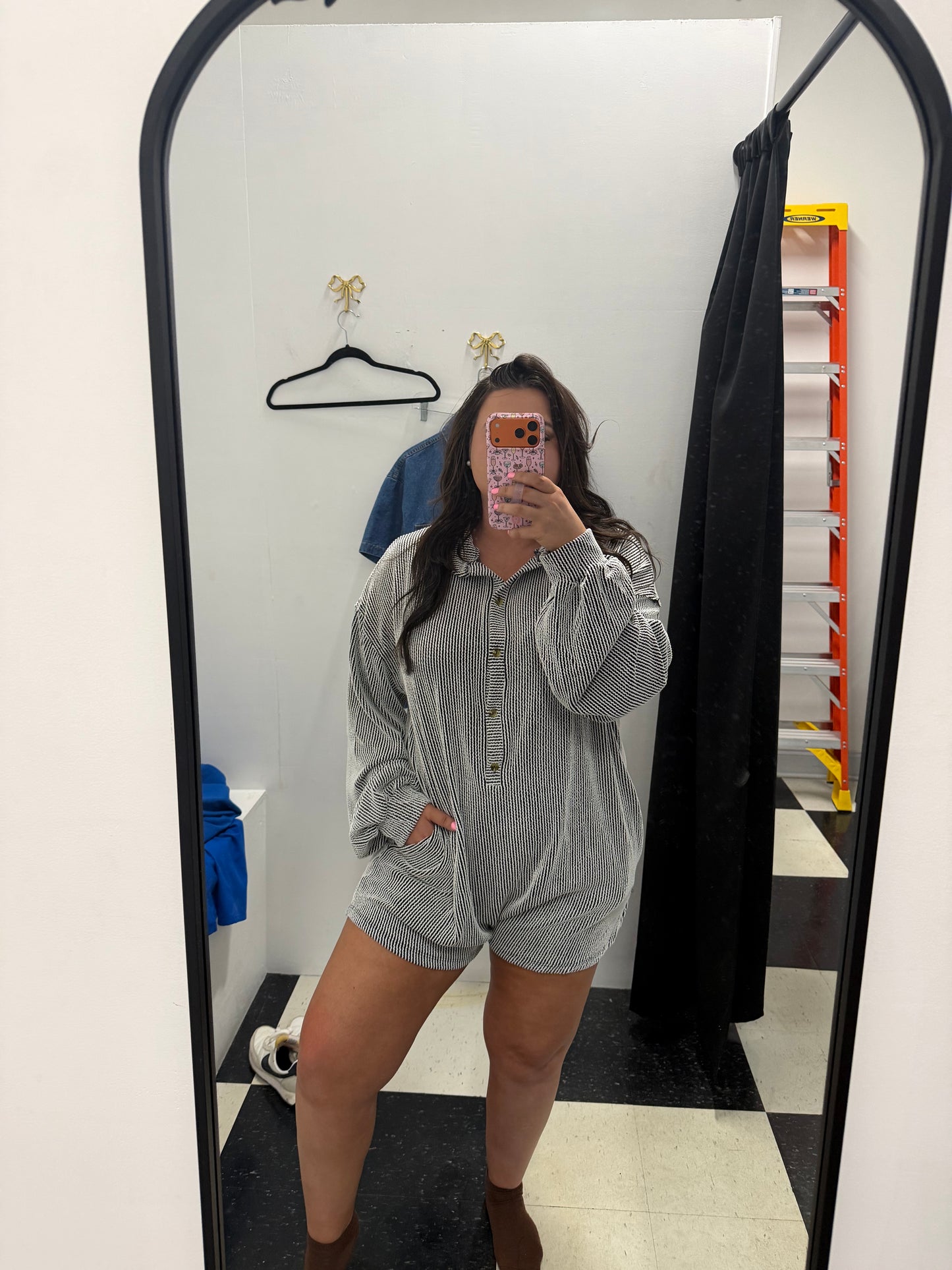 Oversized Collared Knit Romper - Black