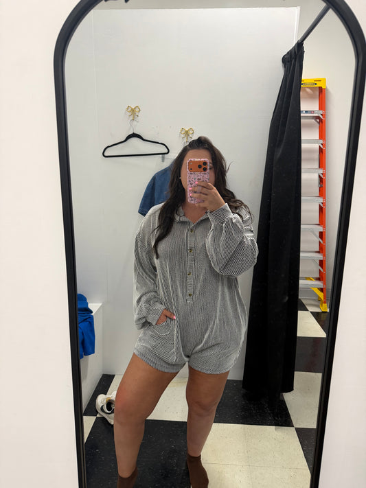 Oversized Collared Knit Romper - Black