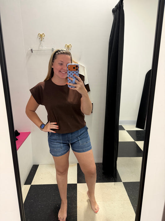 cotton folded sleeve top - chocolate