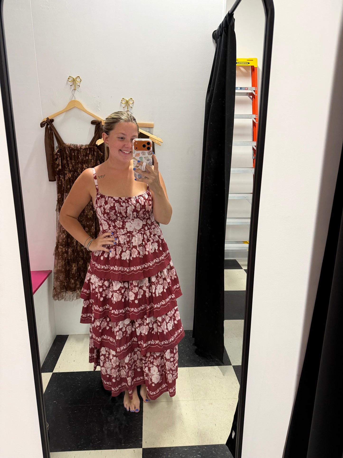 Floral Border Ruffle Tiered Midi Dress