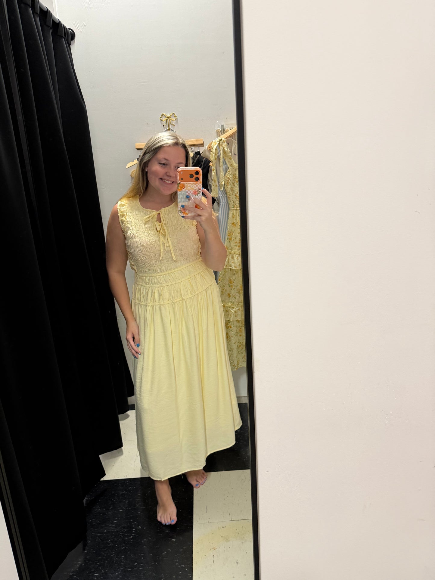 Front Tie Smocked Midi Dress