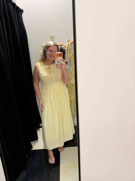 Front Tie Smocked Midi Dress